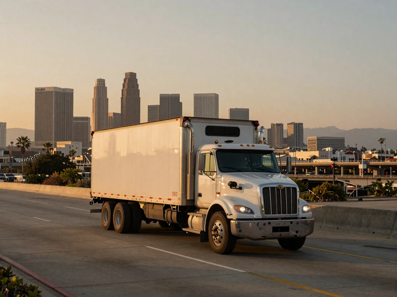 Port drayage truck on the 710 freeway at sunset with downtown Los Angeles skyline