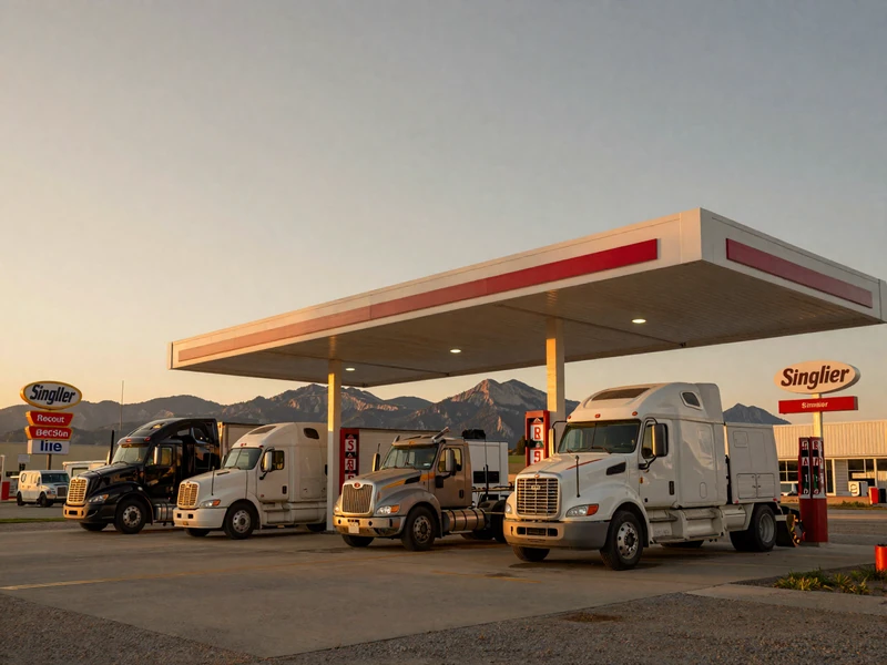 Wyoming truck stop at sunset with Rocky Mountain silhouette - CDL dating Wyoming route imagery