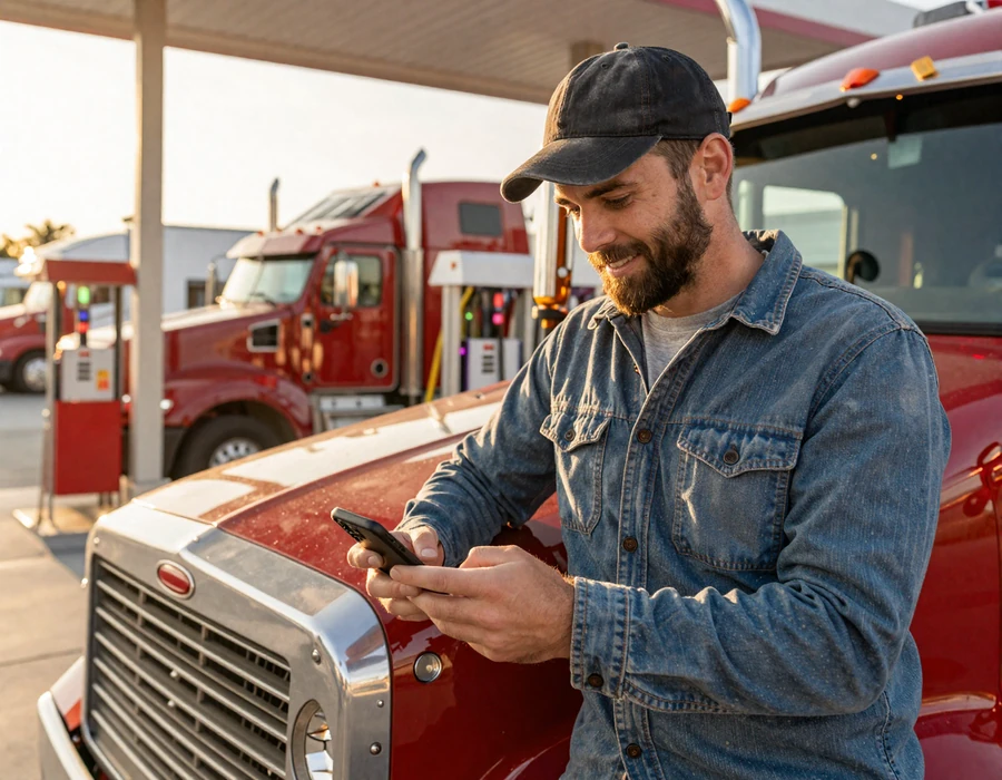 Trucker dating app user smiling at his phone beside red Peterbilt at sunrise truck stop