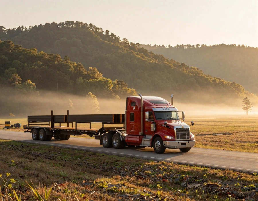 Red flatbed semi-truck on US-71 Arkansas at sunrise - trucker dating Arkansas hub imagery