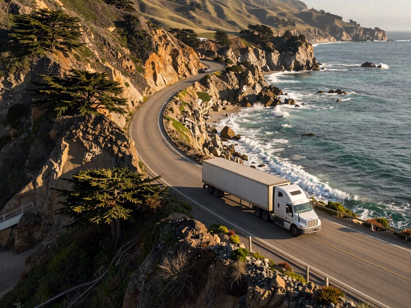Semi-truck on Pacific Coast Highway with California cliffs - CDL dating route imagery