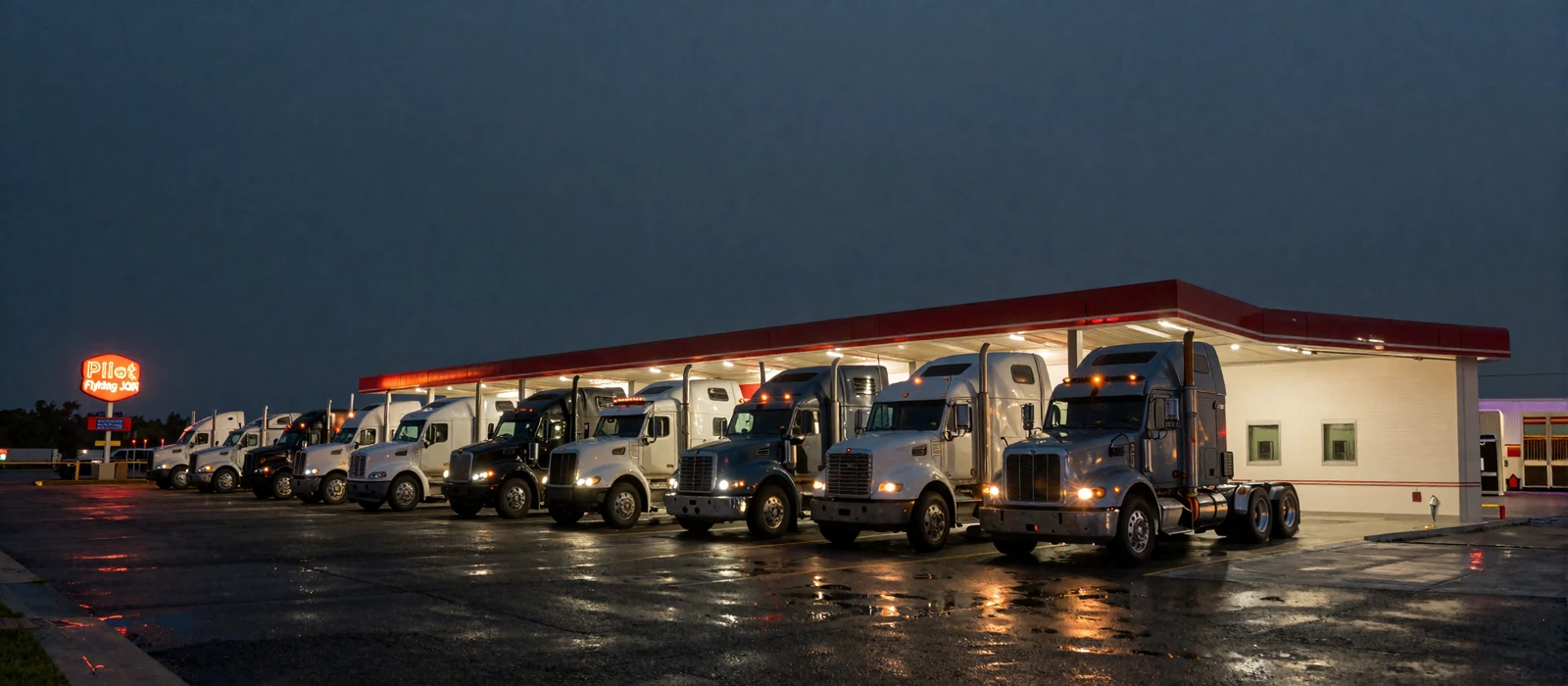 Truck stop at 2 a.m. with parked rigs and neon signage reflecting on wet asphalt