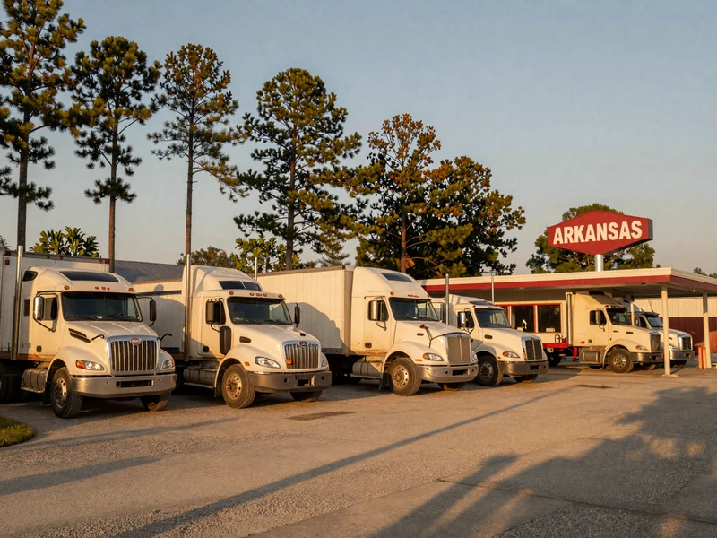 Arkansas truck stop with flatbed rigs at golden hour - CDL dating Arkansas route imagery