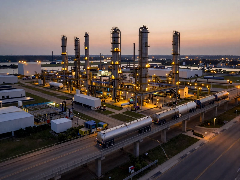 Houston Ship Channel refinery corridor with tanker semi-trucks crossing I-10 overpass