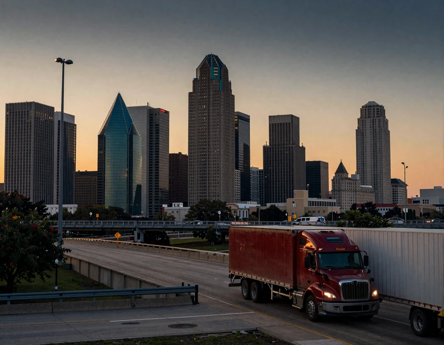 Trucker dating Dallas - DFW skyline behind I-35 interstate on-ramp at sunset with semi-truck