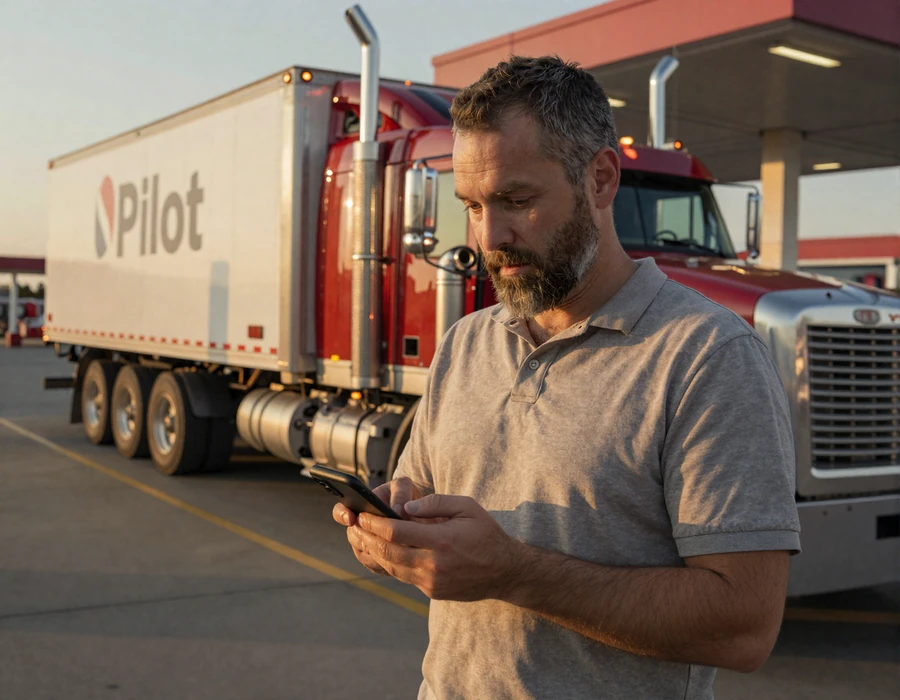 Truck driver carefully reviewing dating profile at a well-lit truck stop at sunset