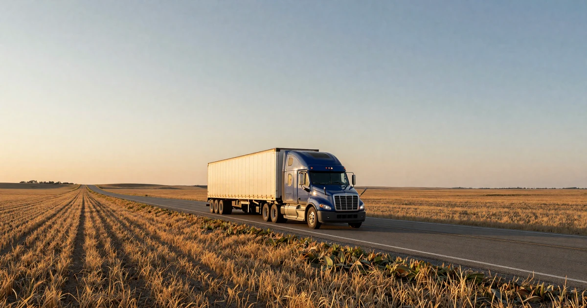 Blue semi-truck on I-80 Nebraska Great Plains at sunset - trucker dating Nebraska hub imagery