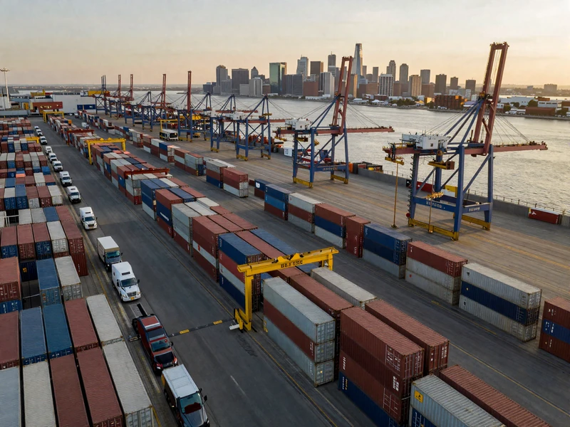 Aerial view of Port Newark Elizabeth container terminal with drayage trucks lined up at gate at golden hour