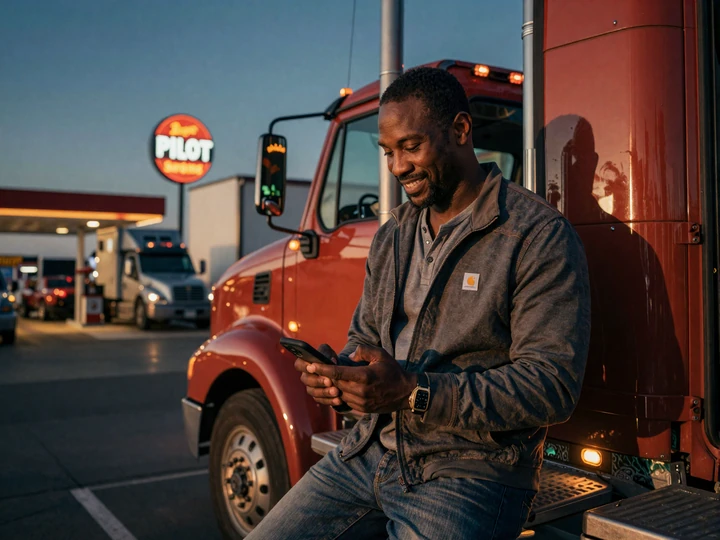 Trucker reviewing a dating app for CDL drivers at a truck stop