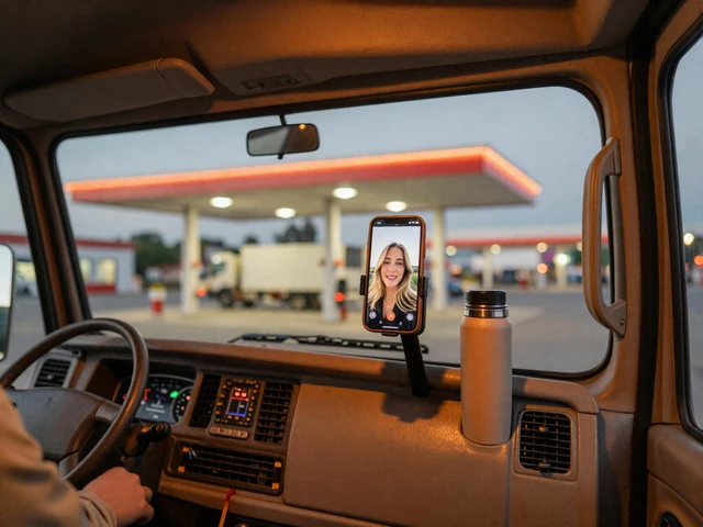 Trucker on a video call with his partner from a parked cab at dusk, dashboard-mounted phone in warm amber light