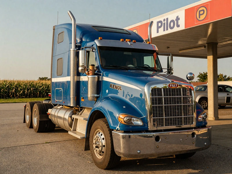 Blue Kenworth semi-truck parked at a Pilot truck stop on I-80 outside Joliet Illinois at golden hour - Illinois CDL dating route imagery