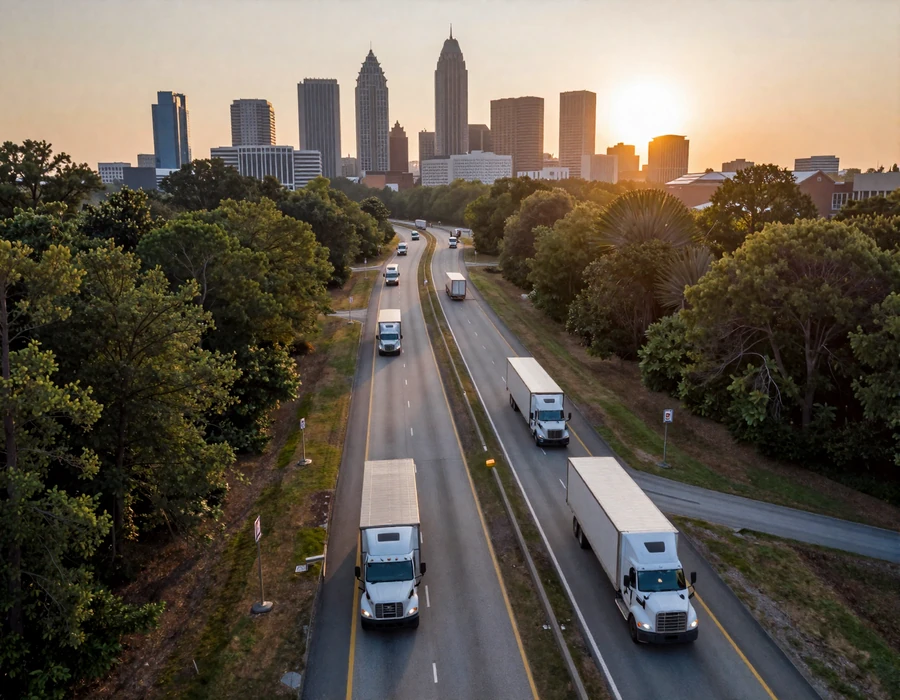 Atlanta I-285 perimeter at sunrise with flatbed semi-trucks - Georgia trucker dating hub