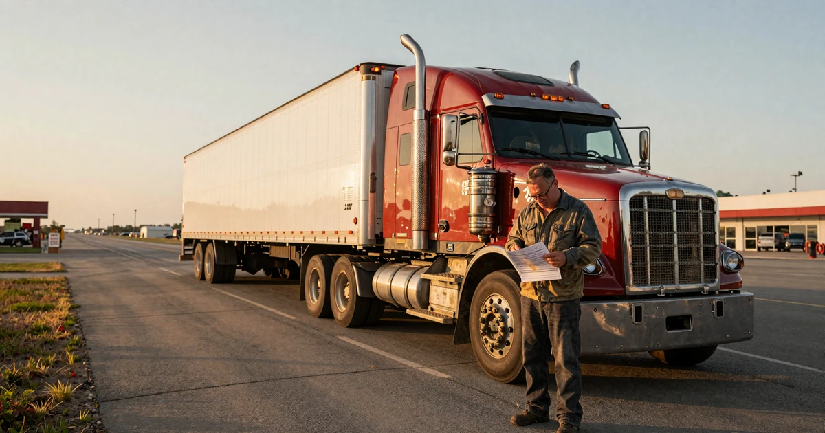 Truck driver looking at a phone with an empty match screen, highway and rig in the background at dusk
