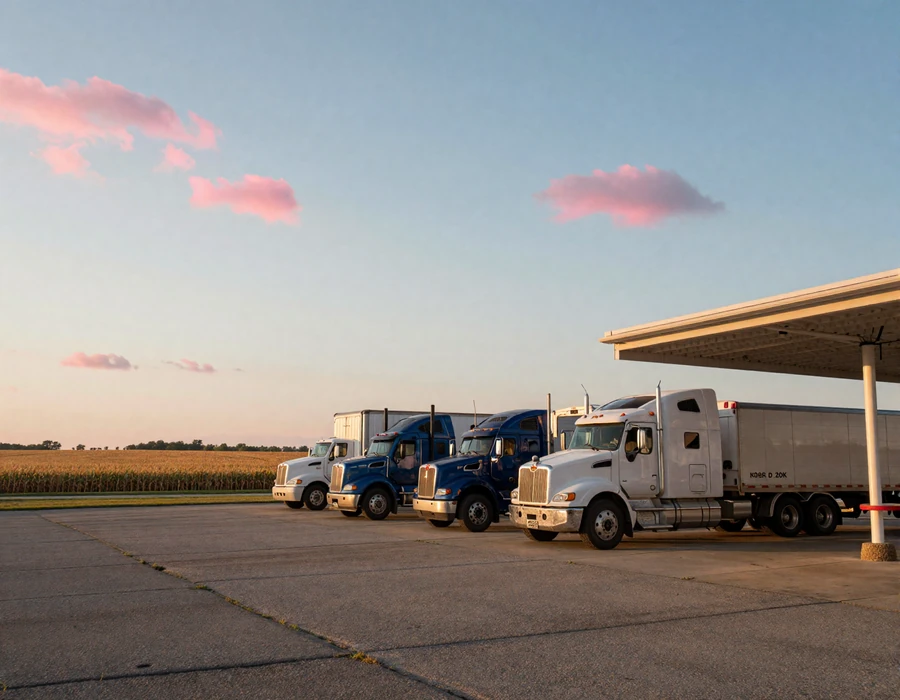 Iowa I-80 rest area at sunrise with parked semi-trucks - trucker dating Iowa hub imagery