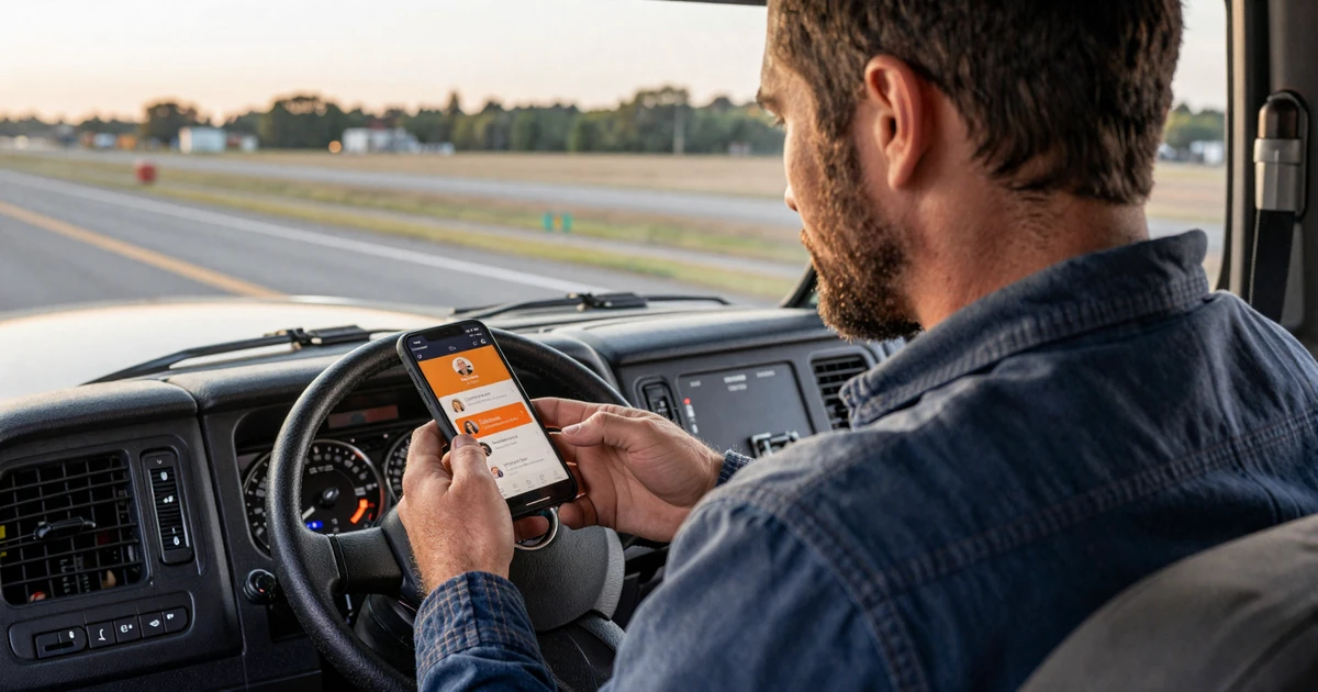 OTR truck driver setting up his trucker dating profile from his cab at dawn