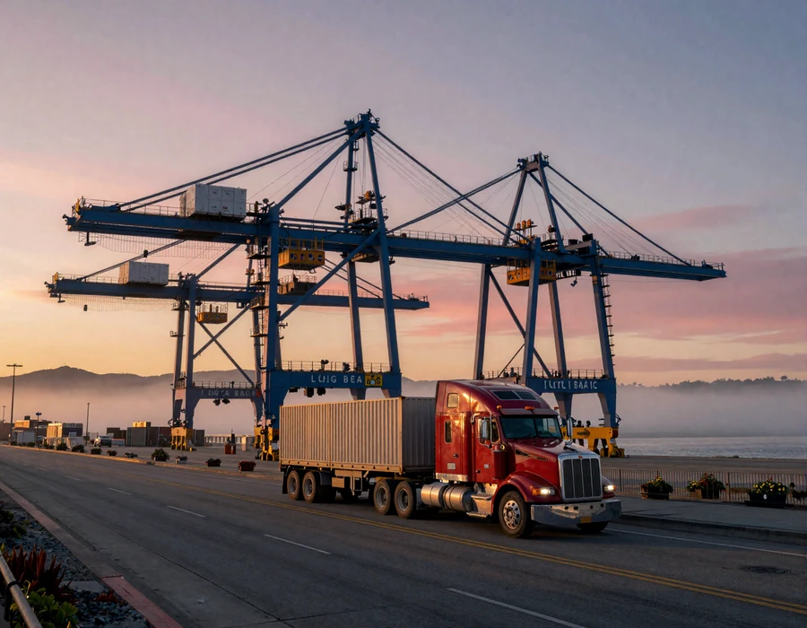 Long Beach port at dawn with semi-truck hauling container - California trucker dating hub