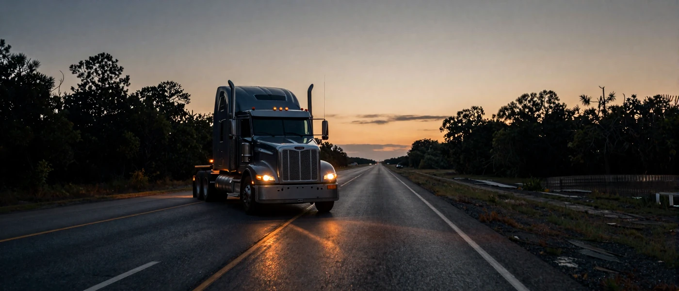 Long-haul truck on an empty interstate at dusk capturing the life of a truck driver