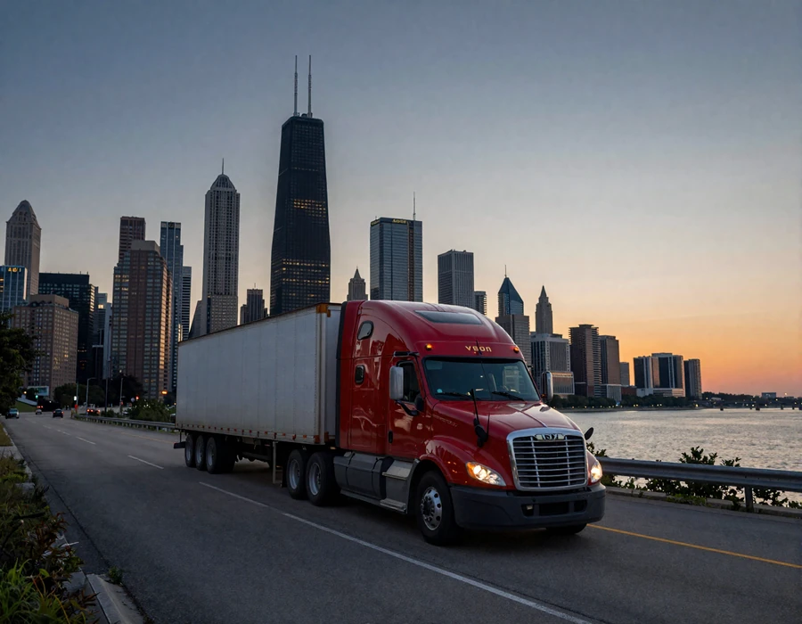 Red semi-truck on I-90 at dusk approaching Chicago skyline - Illinois trucker dating hub