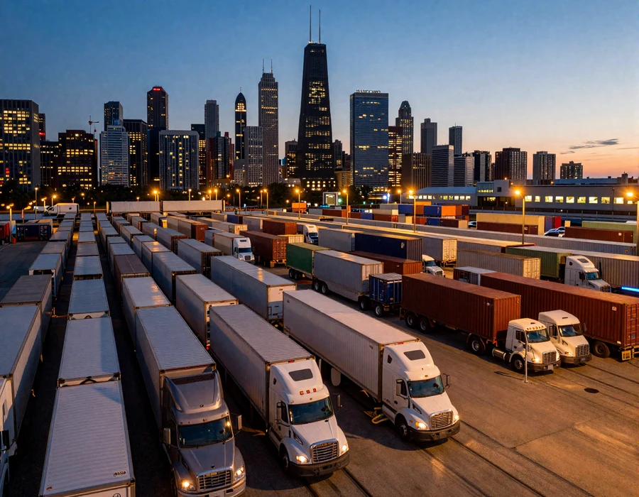 Trucker dating Chicago - intermodal rail yard at dusk with Chicago skyline and semi-trucks parked at terminal