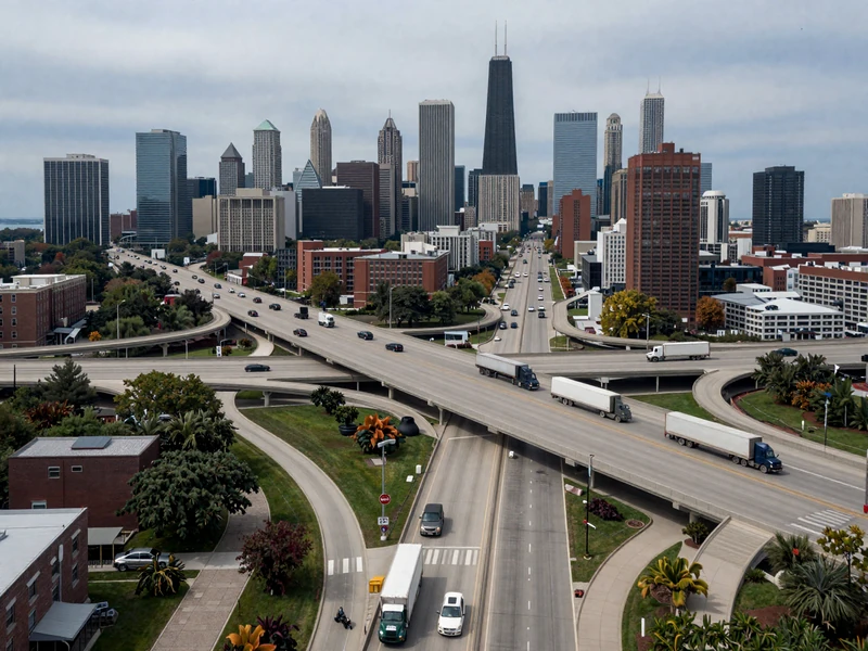Aerial view of Chicago I-90 and I-94 interchange with semi-trucks flowing through downtown corridor