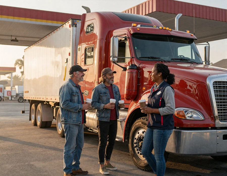 DatingLawn community of truck drivers at a dawn truck stop building the platform