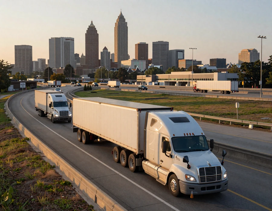 Trucker dating Atlanta - I-285 perimeter highway at sunrise with semi-trucks and downtown skyline