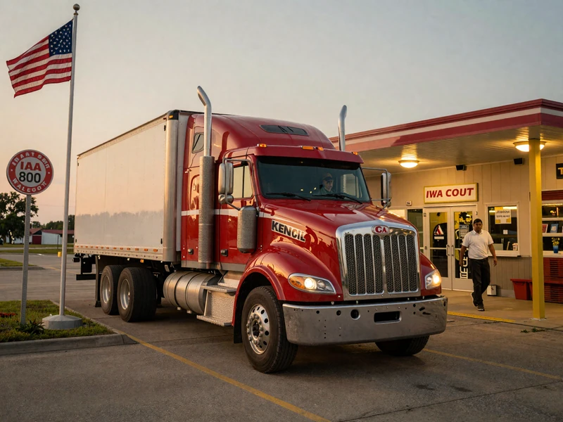 Red Peterbilt semi-truck on Texas I-35 highway at sunset, trucker dating Texas hero image