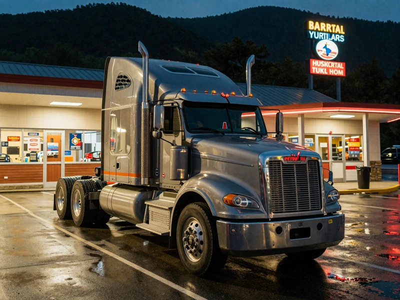 Peterbilt semi-truck parked at Pennsylvania Turnpike service plaza at night - CDL dating PA route imagery