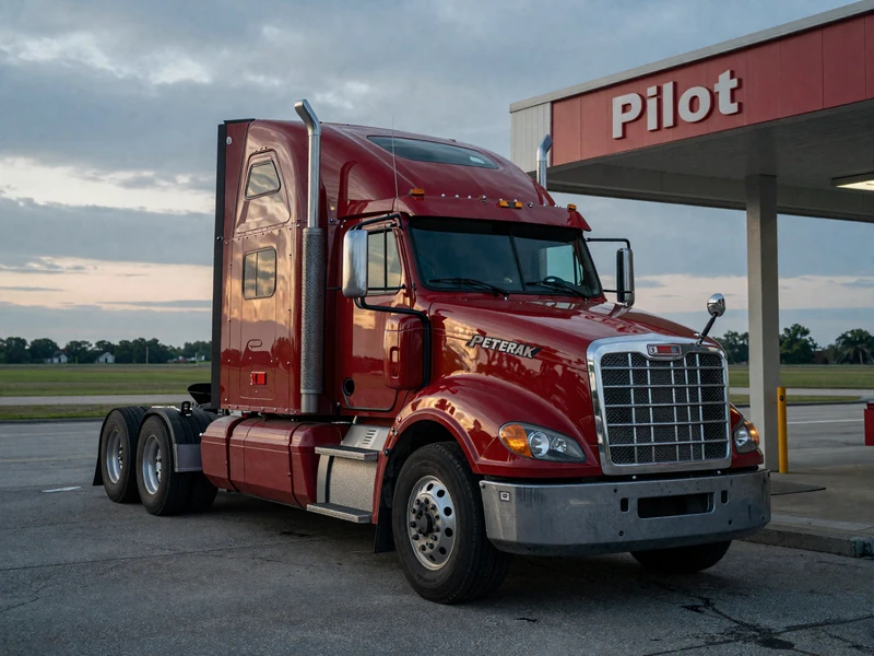 Red Peterbilt at Ohio truck stop near Columbus at dawn - blue collar dating Ohio imagery