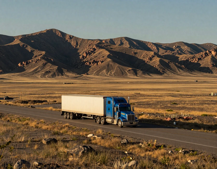 Blue semi-truck on I-80 Wyoming with Rocky Mountain foothills at golden hour - trucker dating Wyoming hero image
