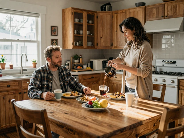Trucker couple sharing a quiet breakfast at home on the first morning of home time