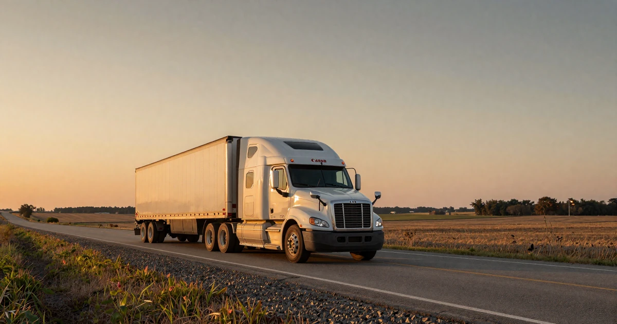 Semi-truck rolling down Florida I-95 at dusk with palm trees and coastal sky - Florida trucker dating hub