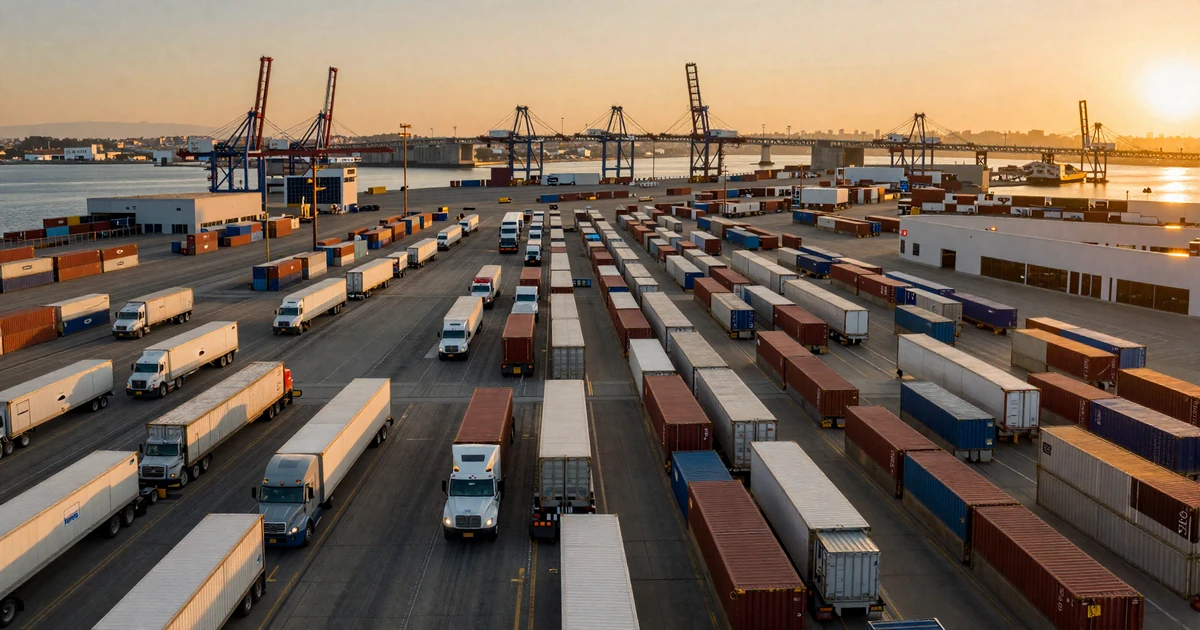 Trucker dating Los Angeles - Port of Long Beach at golden hour with semi-trucks lined up at container terminals