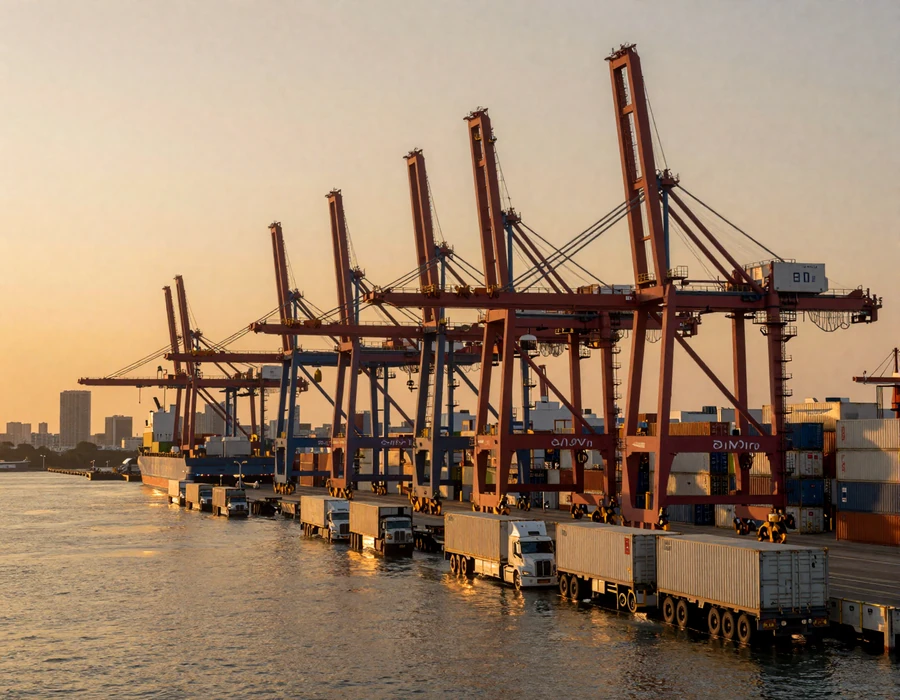 Trucker dating Houston - Port of Houston container cranes and semi-trucks at golden hour