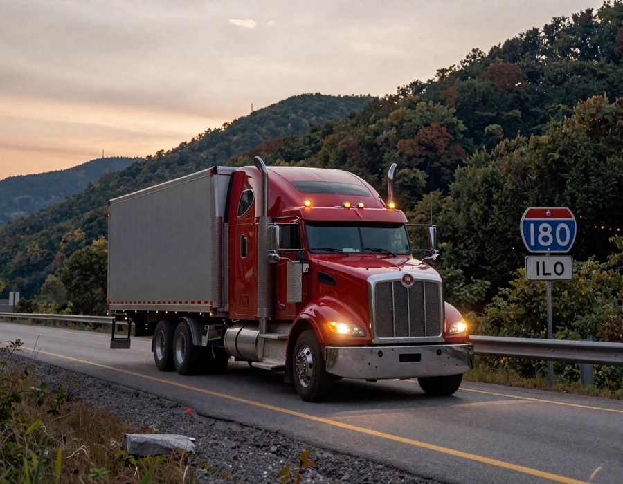 Red Kenworth semi-truck on Pennsylvania Turnpike at dusk over Appalachian ridges - PA trucker dating hub