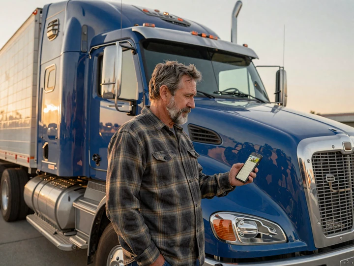 OTR truck driver checking his home time calendar at a truck stop at sunrise